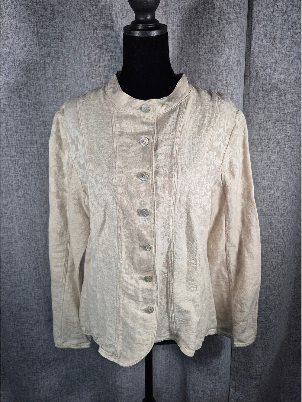 Linen Cotton Blend Petite Jacket Large Beige Floral Jacquard Button Front